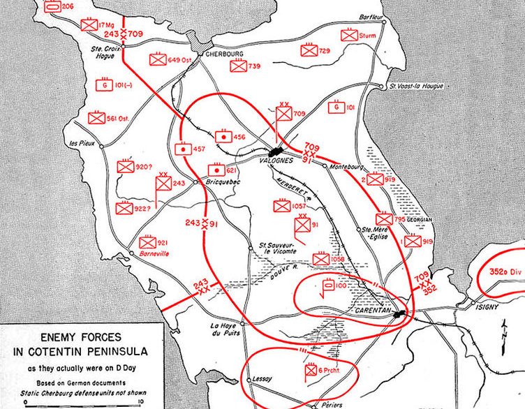 Немецкие силы на полуострове Котантен к началу вторжения в Нормандию. 