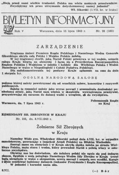 Номер «Biuletyn Informacyjny» от 15 июля 1943 года, который содержит сообщение о смерти Владислава Сикорского и объявление национального дня траура.