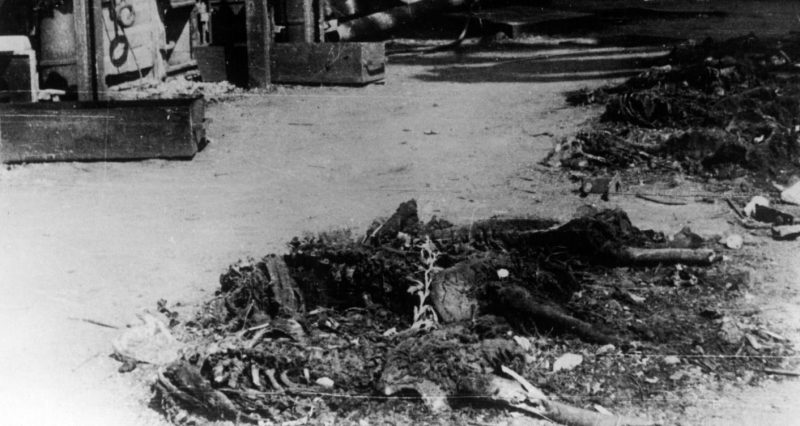 Остатки кремированных трупов перед кремационными печами. Июль 1944 г.