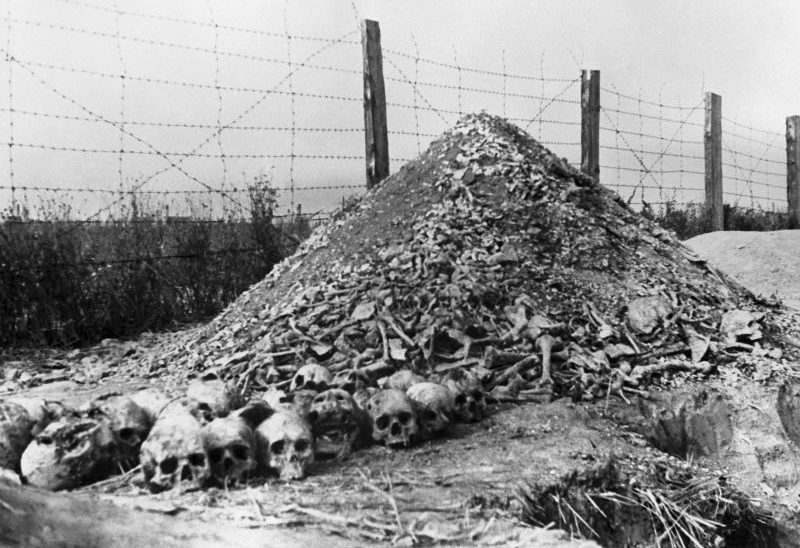 Груда сожженных останков узников концлагеря Майданек. Июль 1944 г.