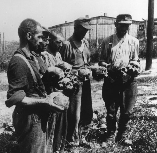 Немецкие военнопленные с черепами жертв в концлагере Майданек. Июль 1944 г.