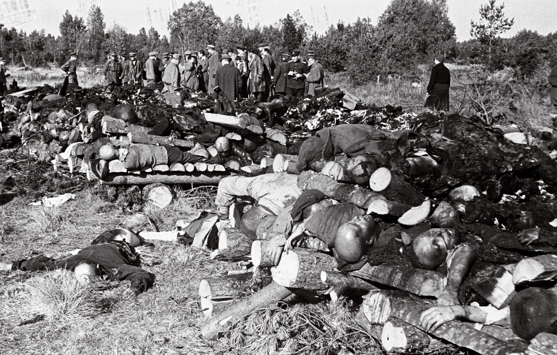 Представители прокуратуры Эстонской ССР у тел и останков, погибших узников концлагеря Клоога в 35 км от Таллина. Сентябрь 1944 г.