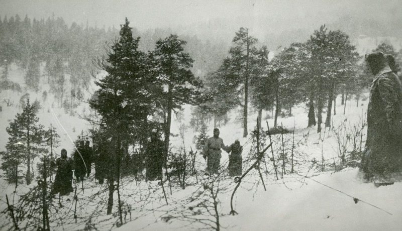 Немецкие заграждения из колючей проволоки и усиленная охрана на границе между Норвегией и Швецией. Зима 1943 г.