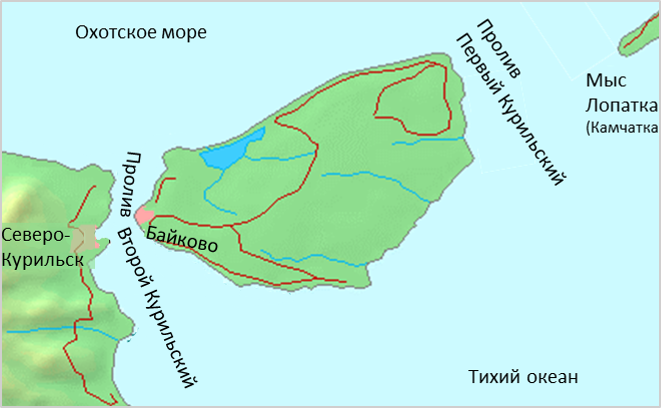 Остров Шумшу на карте: между мысом Лопатка и островом Парамушир. 
