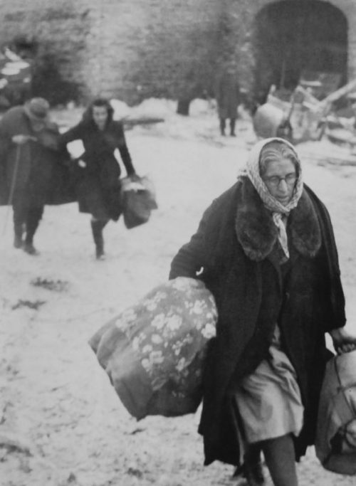 Эвакуация бельгийских мирных жителей из зоны боевых действий в Арденнах. Декабрь 1944 г.