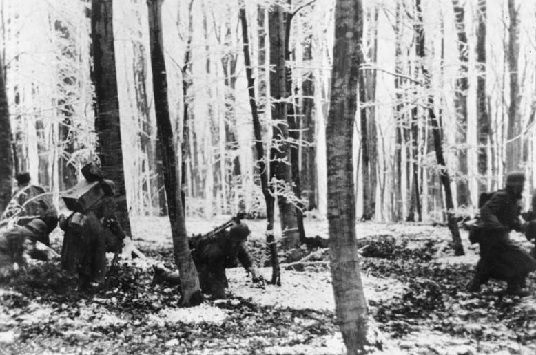 Немецкая пехота продвигается в лесной зоне в Ауфнахме. Декабрь 1944 г. 