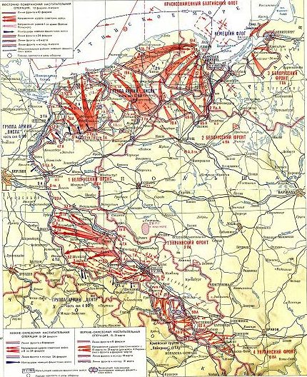 Карта-схема наступления советских войск в Восточной Померании и Силезии.