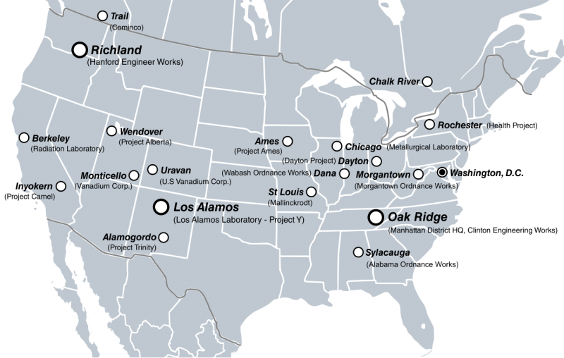 Основные локации Манхэттенского проекта в США и Канаде.
