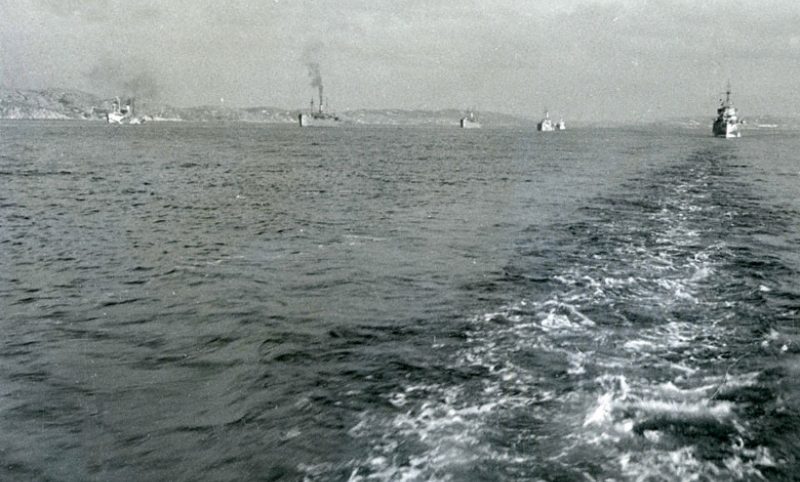 Караван транспортных судов следует под охраной военных кораблей Северного флота. 1943 г. 