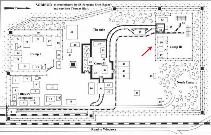Схема лагеря «Собибор». Красная стрелка – 3-й лагерь - зона уничтожения.