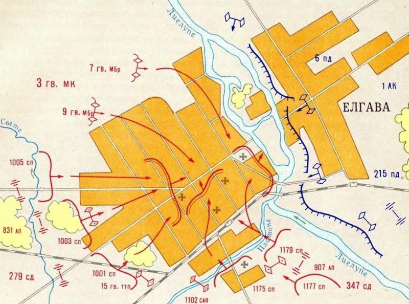 Карта-схема освобождения Елгавы частями 7-й и 9-й гвардейских механизированных бригад, 279-й и 347-й стрелковых дивизий. 31 июля 1944 г.