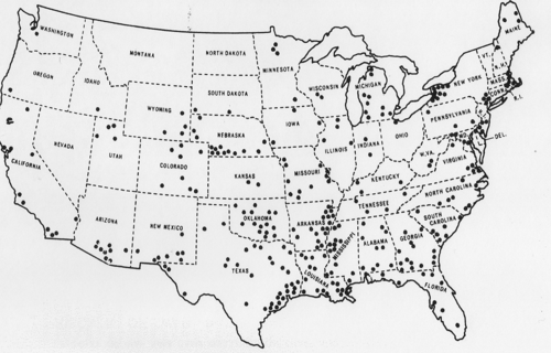 Схема размещения основных лагерей для военнопленных в США по состоянию на июнь 1944 года.