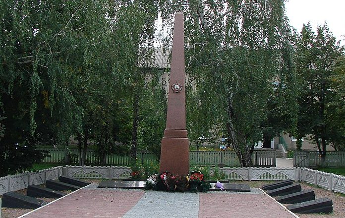 п. Брусилов. Обелиск, установленный на братской могиле, в которой похоронено 84 советских воинов. 