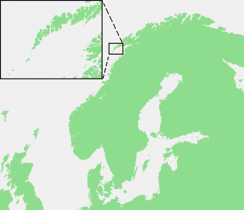 Лофотенские острова на карте северо-западного побережья Европы.