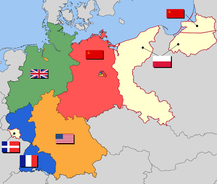 Карта-схема разделения Германии. Красная область - Восточная Германия, контролируемая Советским Союзом. Светло-бежевая область была передана Польше, а часть - Восточная Пруссия и Кенигсберг - были аннексированы СССР, как Калининградская область. 