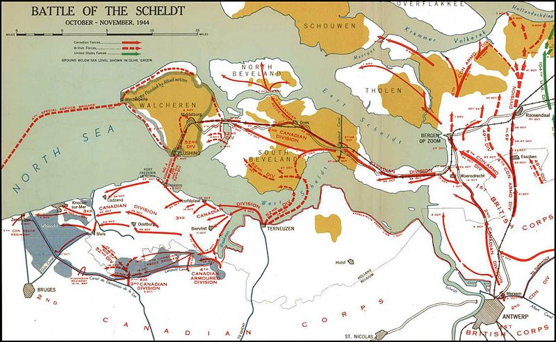 Карта боевых действий в битве за устье реки Шельда. 