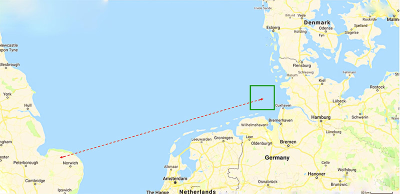 Карта района Гельголандской бухты у северного побережья Германии.