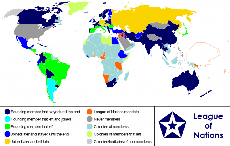 Карта мира в 1920—1945 годах, показывающая страны Лиги Наций.