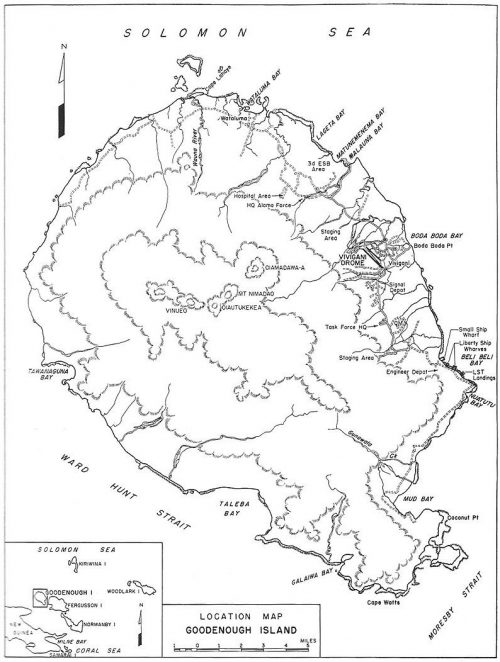 Карта острова Гуденаф с указанным расположением воинских подразделений.