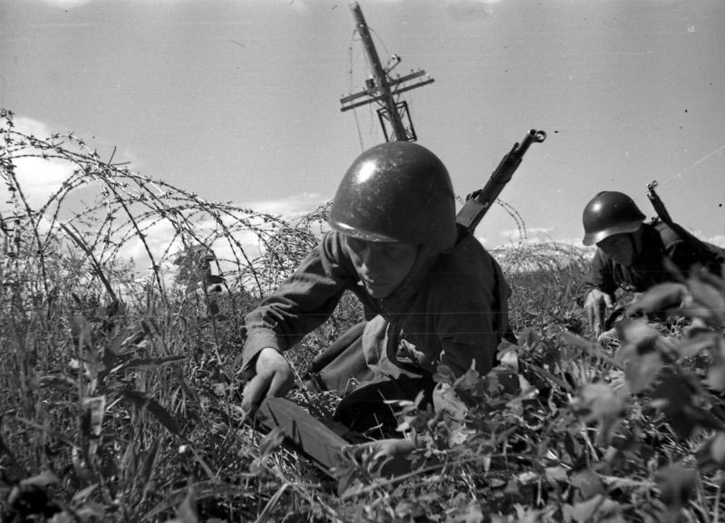 Саперы Ленинградского фронта минируют подходы к проволочному заграждению. 1942 г. 
