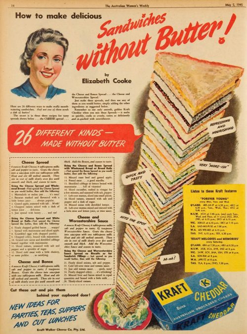 «Бутерброды без масла!» Реклама опубликована в «Австралийском женском еженедельнике» 5 мая 1945 года.