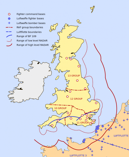 Карта-схема размещения станций Chain Home на Территории Великобритании и радиолокационное их покрытие.