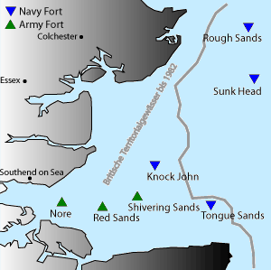 Расположение семи фортов Маунселла у восточного побережья Англии. Синие треугольники – морские форты, зеленые – армейские.