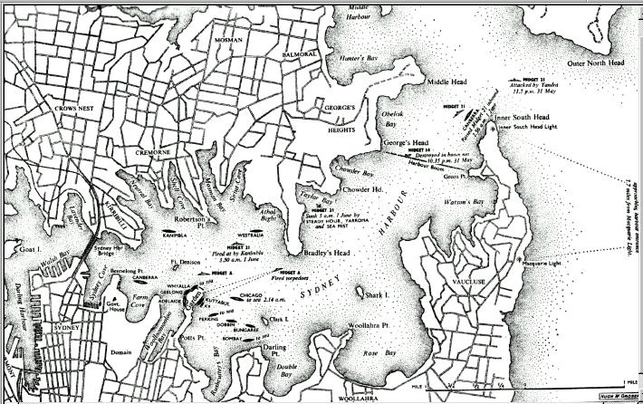 Карта Сиднейской гавани, показывающая расположение заградительной сети.