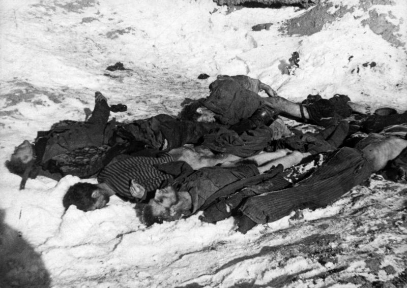 Погибшие от голода и холода пленные красноармейцы в лагере для военнопленных в селе Большая Россошка под Сталинградом. Январь 1943 г. 