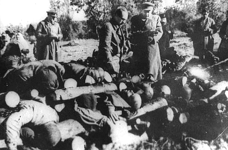 Советские официальные лица осматривают сложенные штабелями трупы жертв в концлагере Клоога. 1944 г.