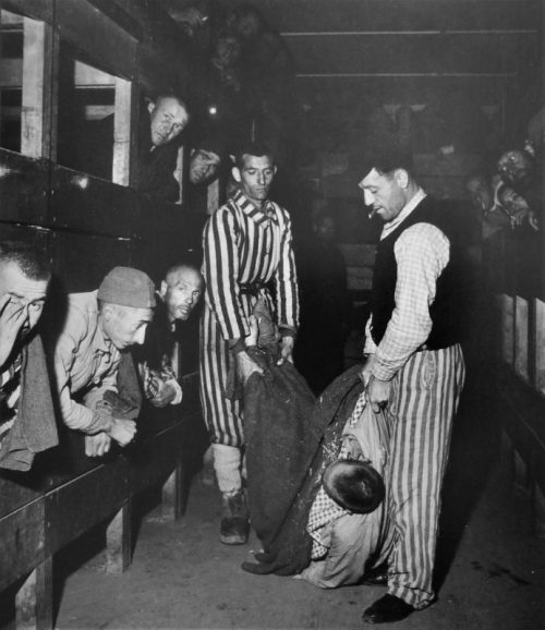 Узники концлагеря Дахау выносят тело умершего из барака. Апрель 1945 г.