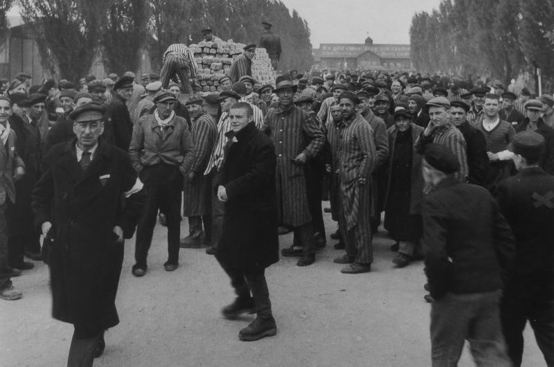 Раздача хлеба освобожденным узникам концлагеря Дахау. Апрель 1945 г. 