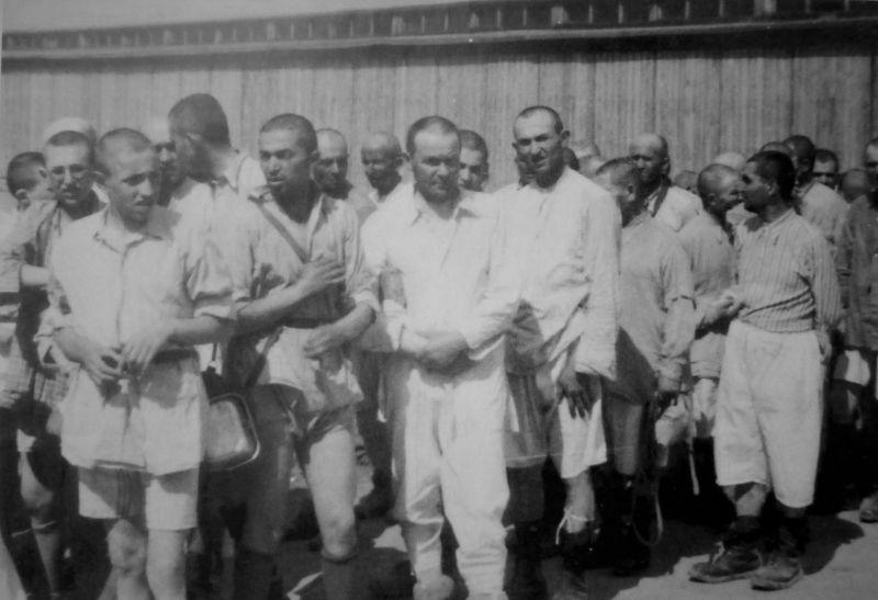 Евреи из Венгрии в концлагере Освенцим перед выдачей одежды. Май 1944 г. 