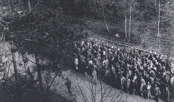 Заключенные из концлагеря Кауферинг на «марше смерти» проходят через Ландсберг-ам-Лех. 1944 г.