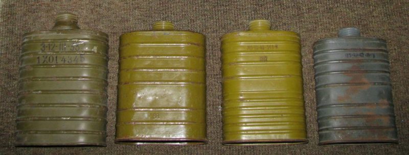 Основные разновидности фильтров для противогазов. Слева на право: Т-5, Т-4, МТ-4, МО-2.