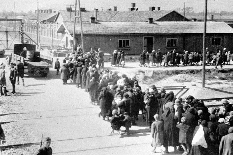 Группы евреев идут к газовым камерам и крематориям в лагере в Освенцим-Биркенау. Май 1944 г.