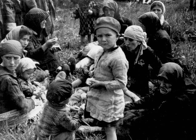 Еврейские мужчины, женщины и дети ждут смерти в роще возле газовой камеры №1 концлагеря Освенцим-Биркенау. Май 1944 г. 