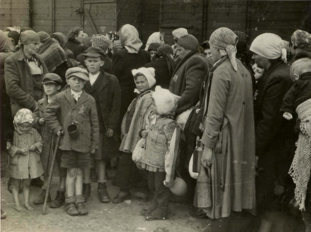 Венгерские евреев из гетто Тет прибывают в концлагерь смерти Освенцим-Биркенау. Май 1944 г.