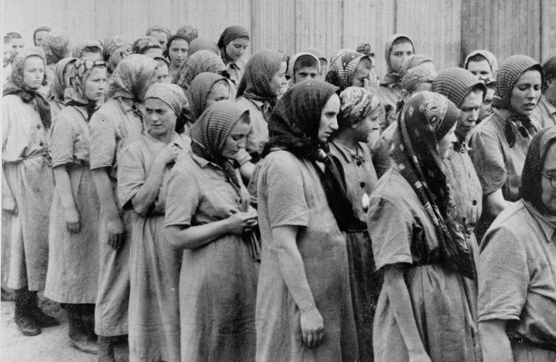 Еврейские женщины из Подкарпатской Руси, отобранные для принудительных работ в концлагере Аушвиц-Биркенау после дезинфекции и бритья. 1944 г.