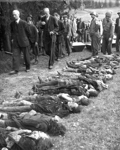 Союзники заставляют мирных жителей города Валлерн в Судетской области посмотреть на эксгумированные трупы евреев, убитых эсэсовцами во время марша смерти. Май 1945 г.