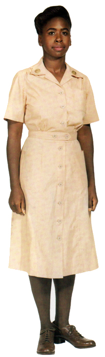 Военнослужащая в госпитальной одежде из розово-бежевой (позже желтовато-коричневой) хлопчатобумажной ткани. Эту форму офицеры не носили.