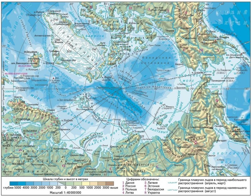 Физическая карта Арктики.