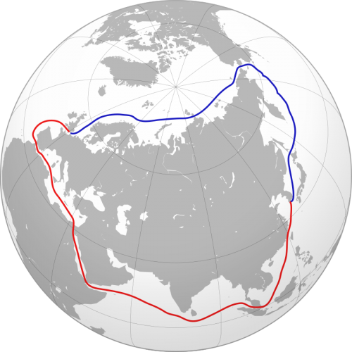 Маршрут транспортировки грузов с Дальнего Востока в Европу с использованием Северного морского пути (обозначен синим - более 14 тыс. км) и альтернативный путь, использующий Суэцкий канал (красным - более 23 тыс. км).