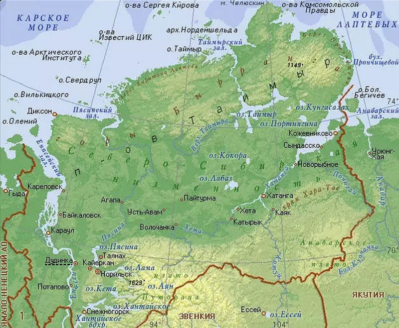 Физическая карта Таймырского полуострова.