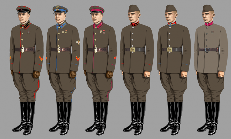 Рисунок парадной формы 1941 года: старший лейтенант (АБТВ), капитан (ВВС), старший батальонный комиссар (пехота), сержант (артиллерия), курсант (ВВС), красноармеец (пехота).