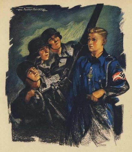 Пропагандистская открытка с изображением помощников зенитчиков. 1944 г.