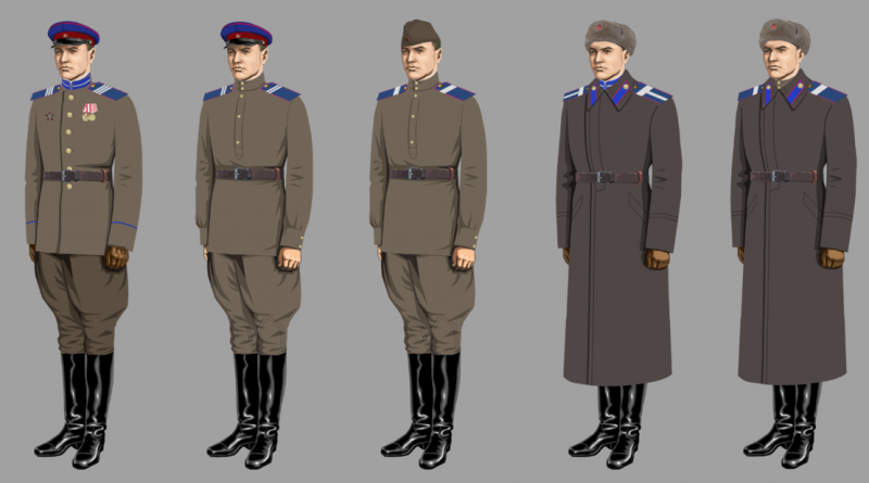 Рисунок формы сержантов и старшин ГБ в 1943-1945 годах, где: сержант (парадная летняя), младший сержант (повседневная, вне строя, летняя), старший сержант (повседневная, для строя, летняя), старшина (парадная, зимняя), старший сержант (повседневная, летняя).