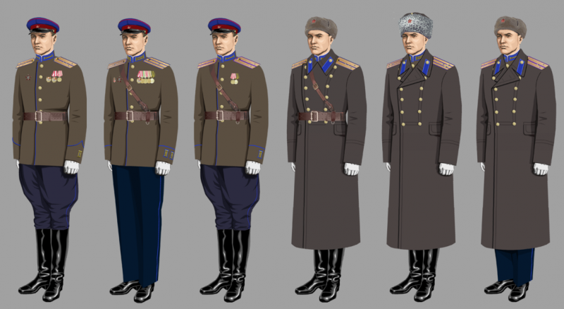 Рисунок парадной формы офицеров ГБ в 1943-1945 годах, где: капитан ГБ (летняя), майор ГБ (в брюках, летняя), лейтенант ГБ (летняя), капитан ГБ (зимняя), полковник ГБ (зимняя), старший лейтенант ГБ (в брюках, зимняя).