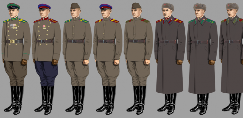 Рисунок формы младшего начальствующего и рядового состава войск НКВД в 1943-1945 годах, где: старшина ПВ (летняя), ефрейтор ВВ (парадная, летняя), младший сержант ПВ (повседневная, для строя, летняя), старший сержант ВВ (повседневная, вне строя, летняя), сержант ВВ (полевая, летняя), младший сержант ВВ (парадная, зимняя), рядовой ПВ (повседневная, зимняя), сержант ПВ (полевая, зимняя).