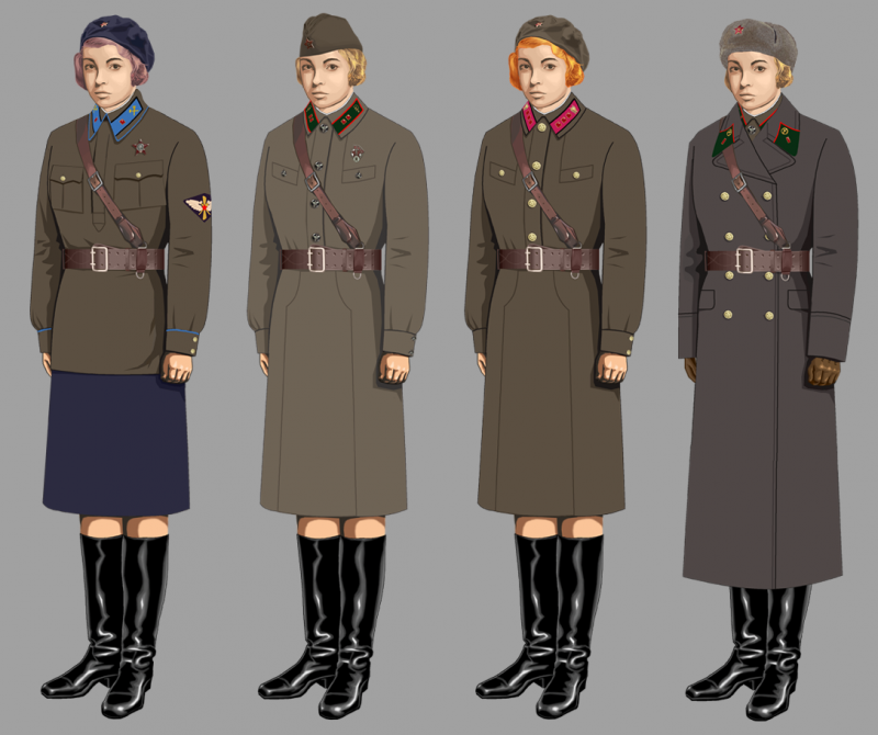 Рисунок формы одежды военнослужащих женщин (нестроевой состав) в 1941 году: младший воентехник, младший военфельдшер в платье летнем, военюрист в платье шерстяном и суконном берете, интендант 3-го ранга в пальто.